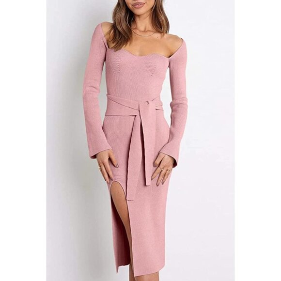 Pink Ribbed Knit Tie Front Bodycon Long Sleeve Belted Midi
